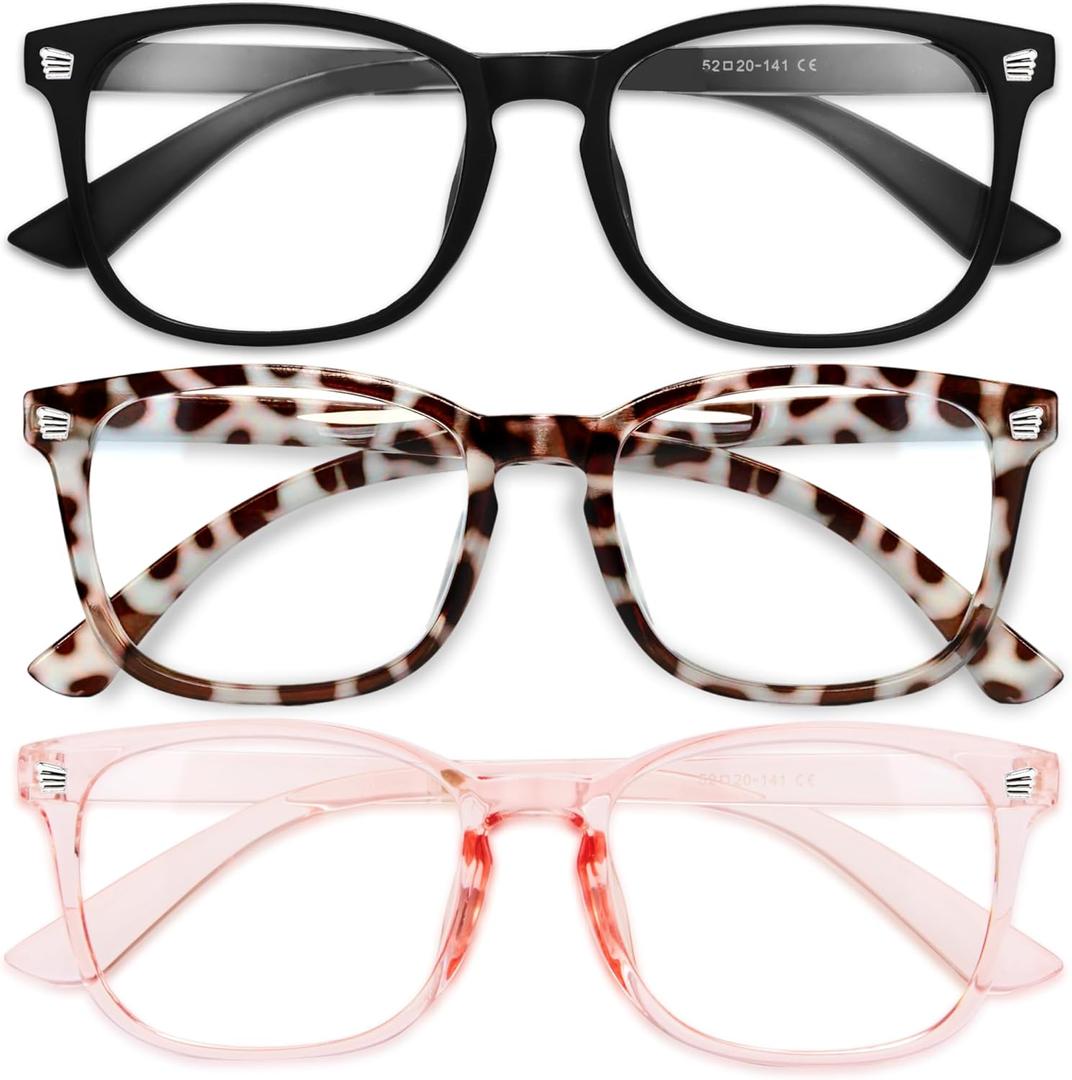 Gaoye Stylish Blue Light Glasses for Woman - Computer Glasses 99% Blue Light Blocking - Lightweight TR90 Frames - 3 pack (A7-matte Black+leopard+pink)