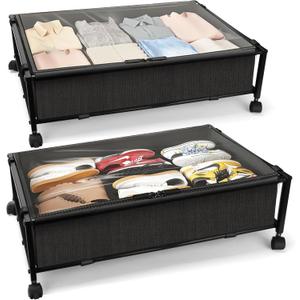 Under Bed Storage with Wheels 2 Packs, Under Bed Drawers, Underbed Storage with Wheels and Lid, Rolling Underbed Drawers for Clothes, Shoes, Blankets, Toys (Black)