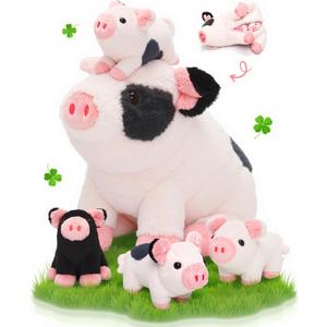 OUOZZZ 11" Pig Stuffed Animals with Babies Inside, 5-in-1 Plush Pig Toys with 4 Babies in Zippered Tummy, 3 Year Old Birthday Gifts for Girls Boys Kids Toddler