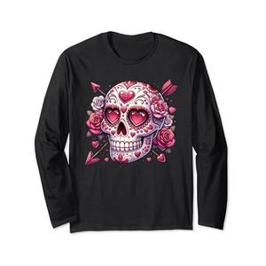 Valentine's Day Decorative Skull Hearts Roses Tattoo Goth Long Sleeve T-Shirt Medium
