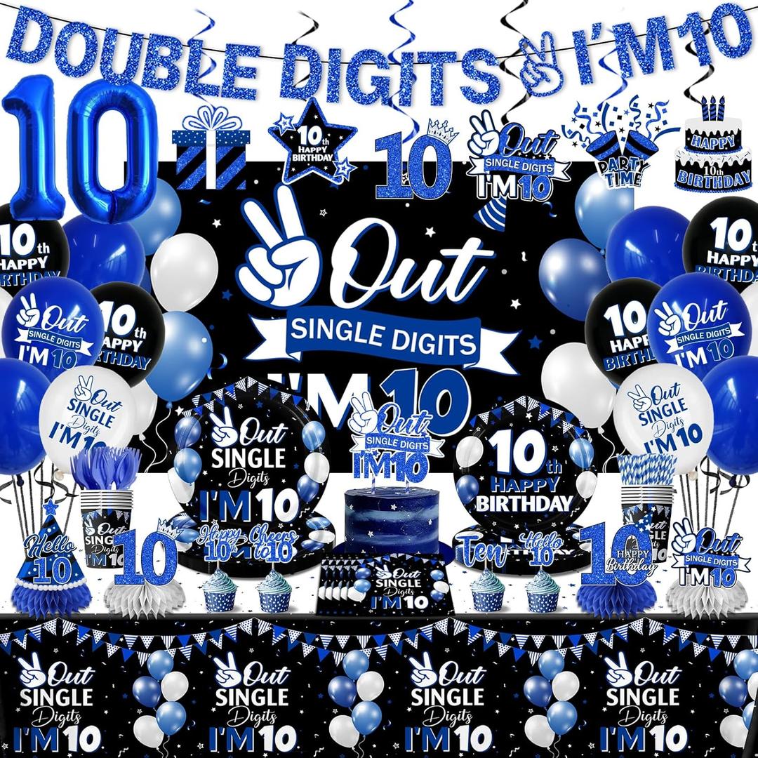 10th Birthday Decorations for Boys,152pcs 10 Year Old Birthday Decorations Double Digits Birthday Boy Plates and Napkins Cups Tablecloth,10th Birthday Cake Topper Honeycomb Hanging Swirl