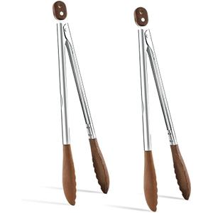 13 Inch Wooden Kitchen Cooking Tongs 2 Packs, Stainless Steel Salad Tongs with Walnut Wood Tip, Serving Food Toaster, Grilling Outdoor BBQ, Smooth Locking & Hanging Cooking Utensils (Tan Brown)