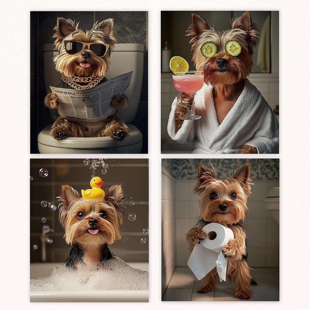 Poecinvi Funny Yorkshire Terrier Bathroom Wall Art Prints Set of 4, Yorkie Dog Bathroom Decor, Cute Yorkie Dog Posters Pictures Wall Decor for Bath Room Washroom Dorm, 8x10 Unframed