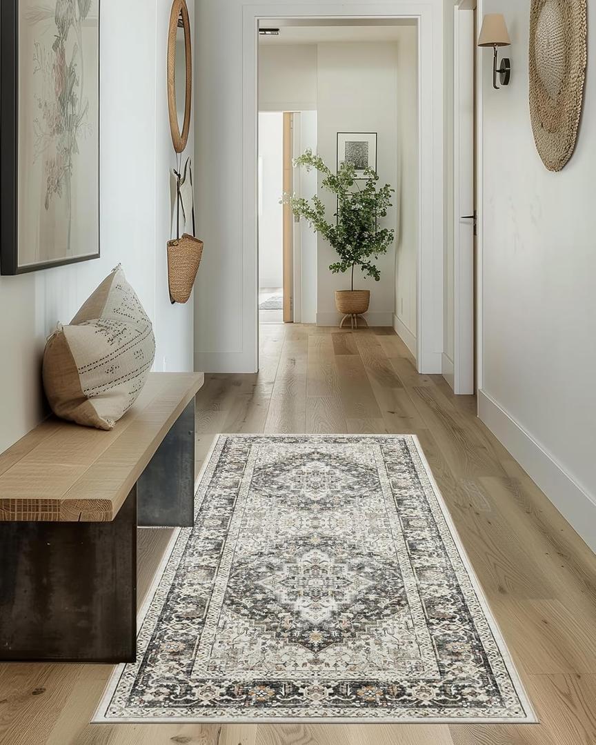 Freyja 2.5x7 Hallway Runner Rug Non Slip, Soft Distressed Farmhouse Kitchen Runner, Thin Washable Runner Rugs with Rubberback, Entryway Runner Laundry Rug Bedroom Area Rug (Rustic Brown)