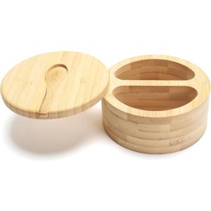 Bamboo Salt Cellar with Lid, 9oz Small Salt Bowl for Kitchen, Bamboo Salt and Pepper Bowls with Spoon, Salt Box for Food Storage Container