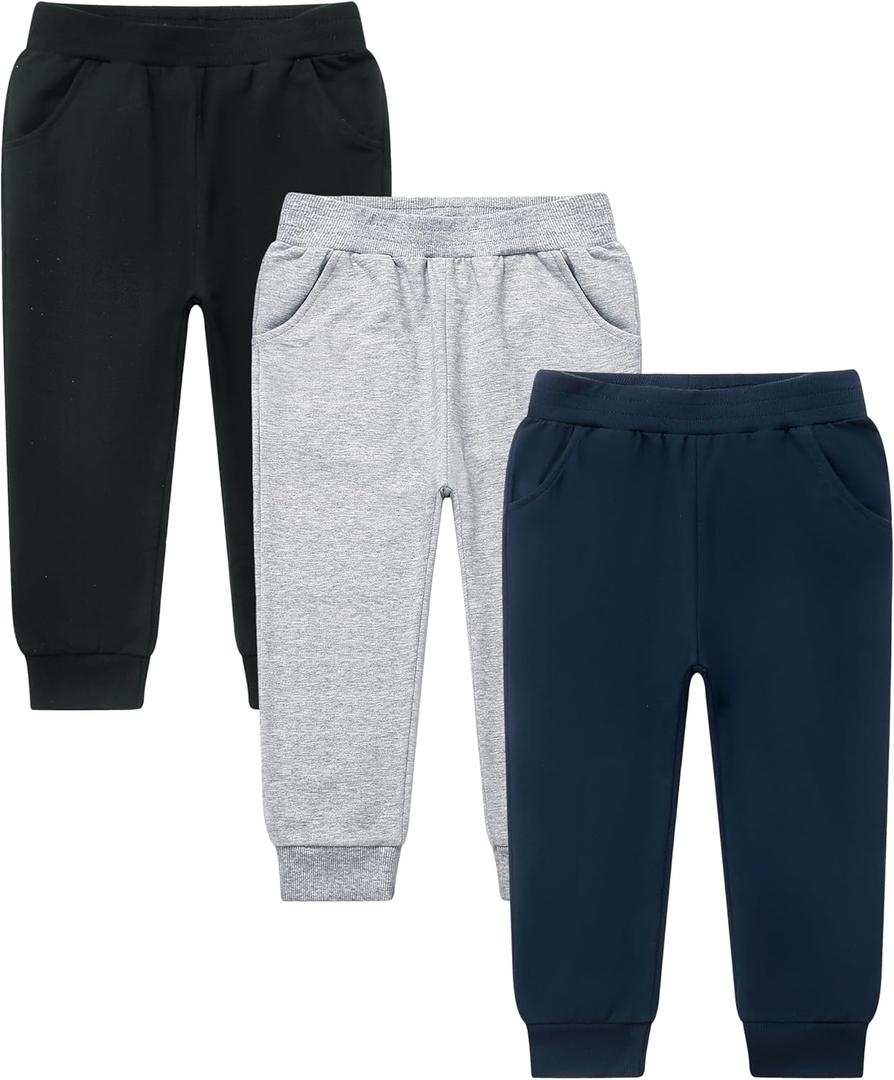 GFQLONG 3 Pack Toddler Pants Sweatpants Boys Cotton Joggers, Athletic Pull on Sweat Pants with Pockets for Kids Clothes, Grey+Black+Navy, 2-3T