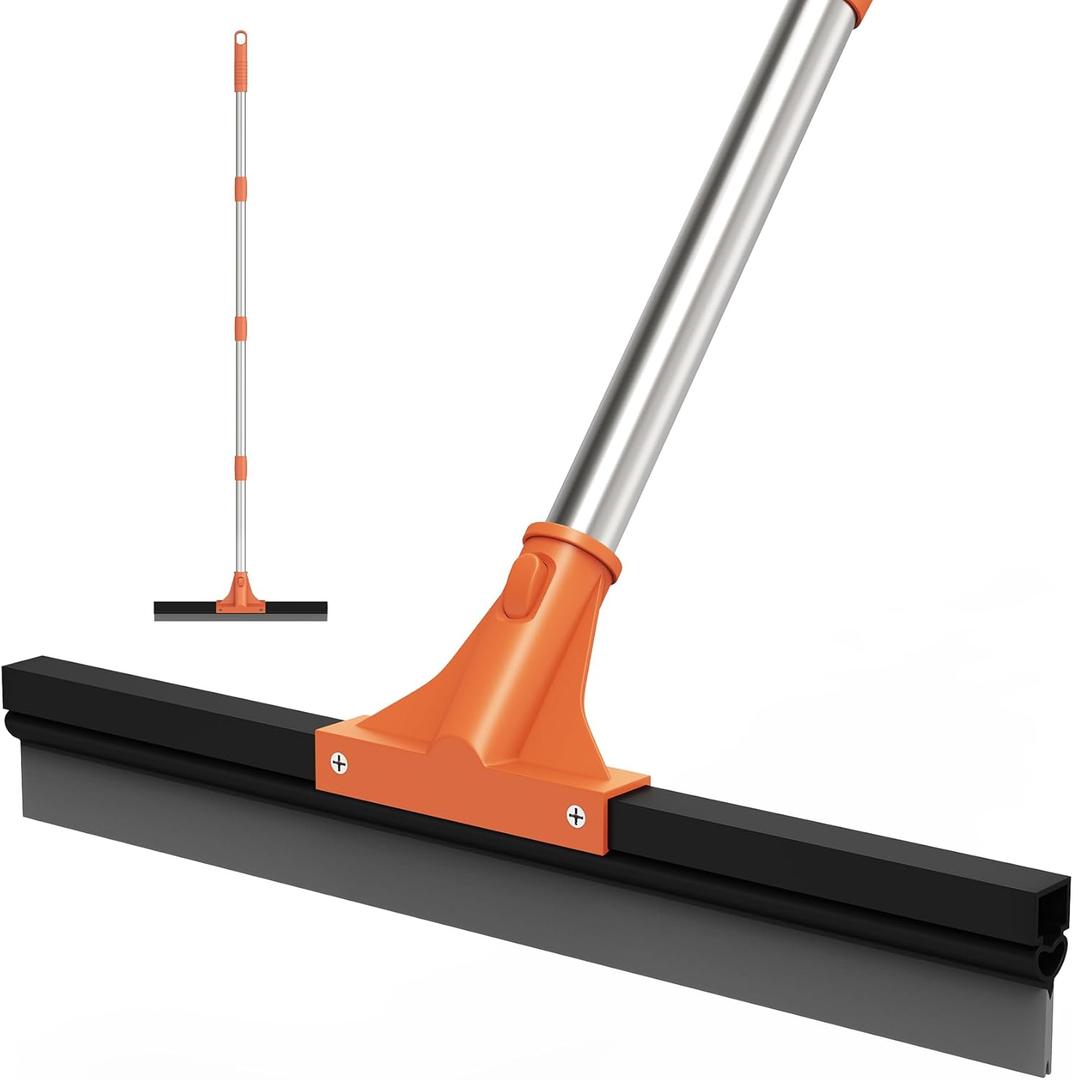 Floor Squeegee for Concrete Floor,18" Large Heavy Duty Squeegee for Floor, Rubber Broom with 62" Long Handle for Bathroom Tile, Garage Concrete, Deck, Shower Glass, Window Cleaning (Orange)