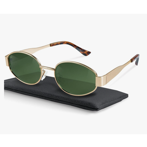 livho Retro Polarized Sunglasses - UV400 Protection, Oval Shape, Metal Frames - Matching Soft Case Inlcuded
