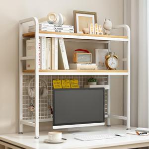 IOTXY 2-Tier Desktop Hutch Bookshelf - Metal Desk Shelf Bookcase with Grid Panel, Countertop Storage Organizer Rack for Dorm or Office, White, 37.4" W