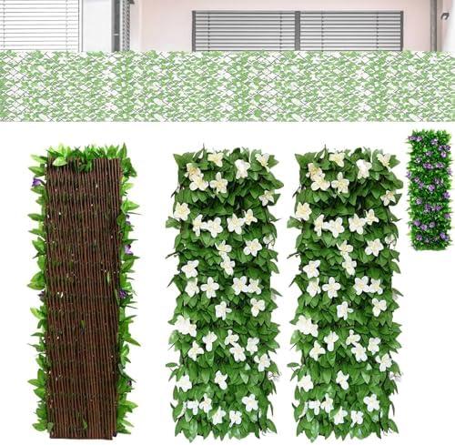 Artificial Fence Screening 28x200cm, Expandable Garden Fence Screening with Artificial Ivy and Violet Flower, Garden Greenery Leaf Backdrop Decoration (White,2pcs)
