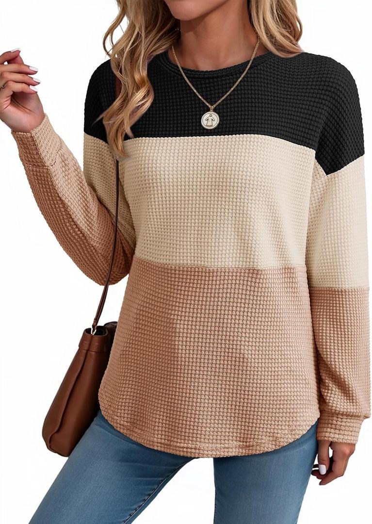 Dokotoo Womens Tops Casual Long Sleeve Waffle Knit Oversized Shirts Crewneck Color Block Pullover Sweatshirts (L)