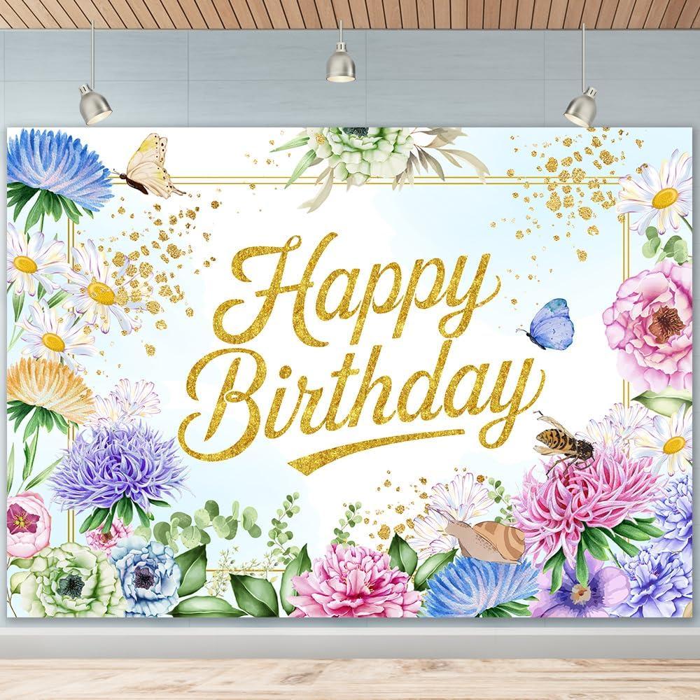Happy Birthday Backdrop Banner Pink Flower Bush Garden Birthday Backdrop for Photography Gold Glitter Birthday Party Decoration Supplies Happy Birthday Backdrop for Women Photo Booth Props 7x5Ft (S1)
