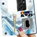 LETO Galaxy S21 Ultra Case,Flip Folio Leather Wallet Case Cover with Fashion Designs for Girls Women,Card Slots Protective Phone Case 6.8" Opal Blue Marble