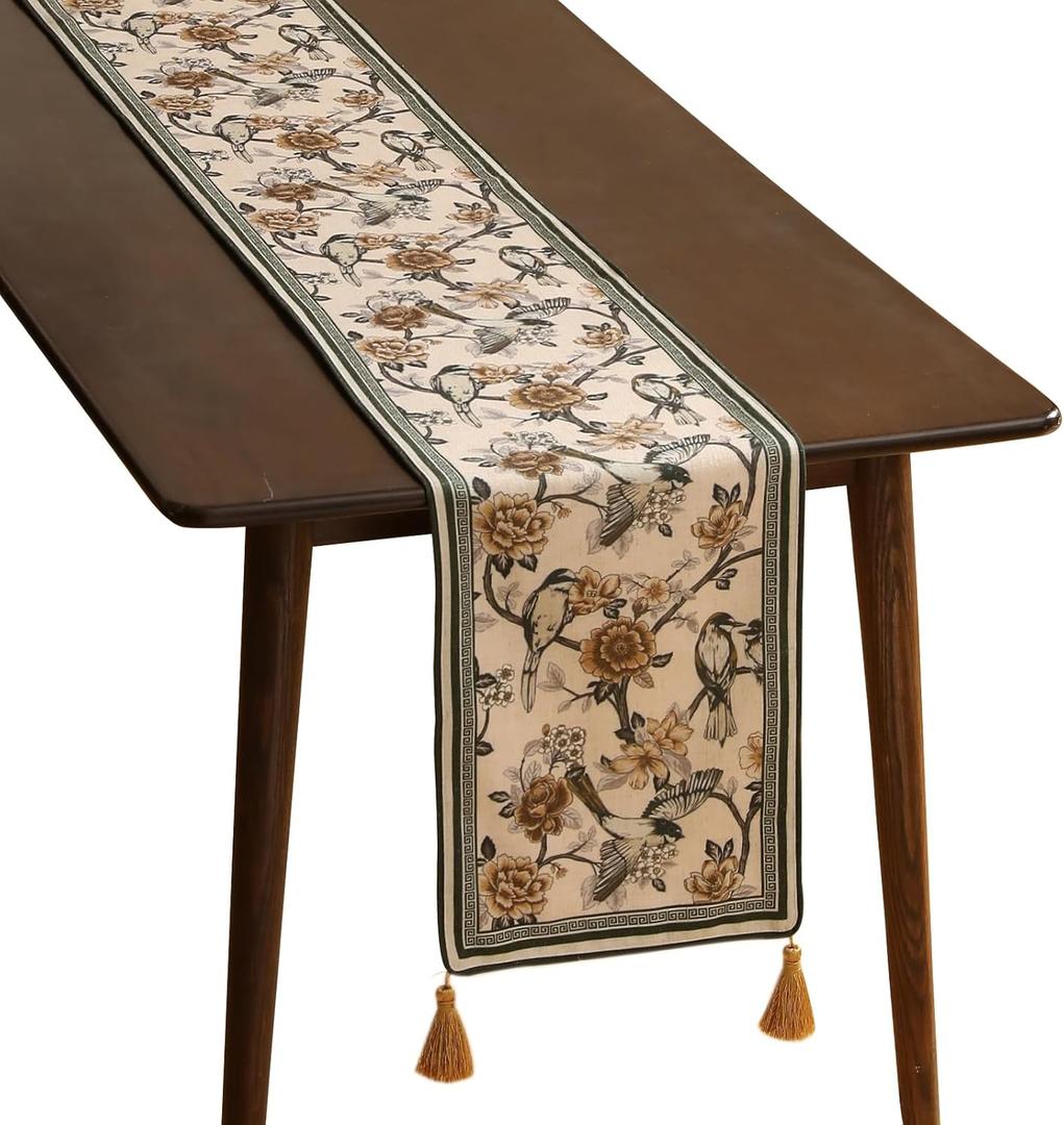 ISAENNE Designer Vintage Beige Linen Table Runner 87 Inches Long, Elegant Floral and Bird Pattern Decor Table Runners for Dining Tables, Thanksgiving,Christmas, Banquet,Party,12"*87"