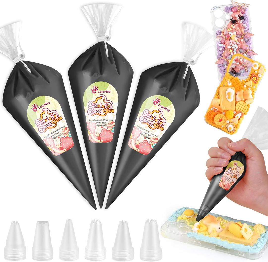 Cream Glue, 3PCS Black Whipped Cream Glue Kit (Each 100g) with 6PCS Piping Tip, DIY Phone Case Kit for Decoration Craft Gift Fun for Birthday, Christmas