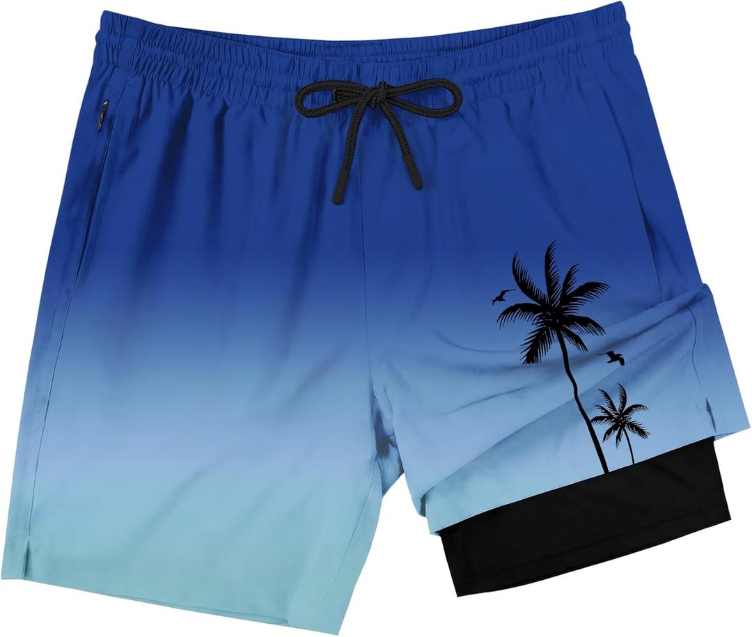 Lzzidou Men Swim Trunks with Compresssion Liner 7 Inch Inseam Board Shorts Bathing Suit with Zipper Pockets (Blue, XXXL)