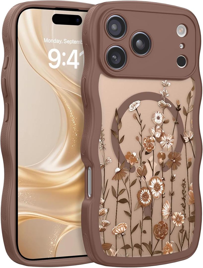 DOMAVER Floral Case for iPhone 17 Pro Max, Cute Curly Wave Edge Cases with Flower Pattern for Women Girls, [Compatible with Magsafe] Slim Fit Protective Cover for iPhone 17Pro Max 6.9 inch, Brown