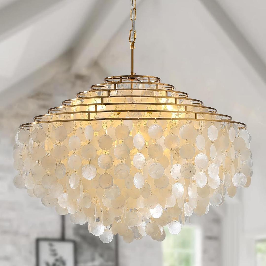 Gold Capiz Shell Chandelier Large Chandelier High Ceiling Light Fixture Chandeliers H22'' x D32'' Modern Lighting Fixture for Bedroom Bathroom Kitchen