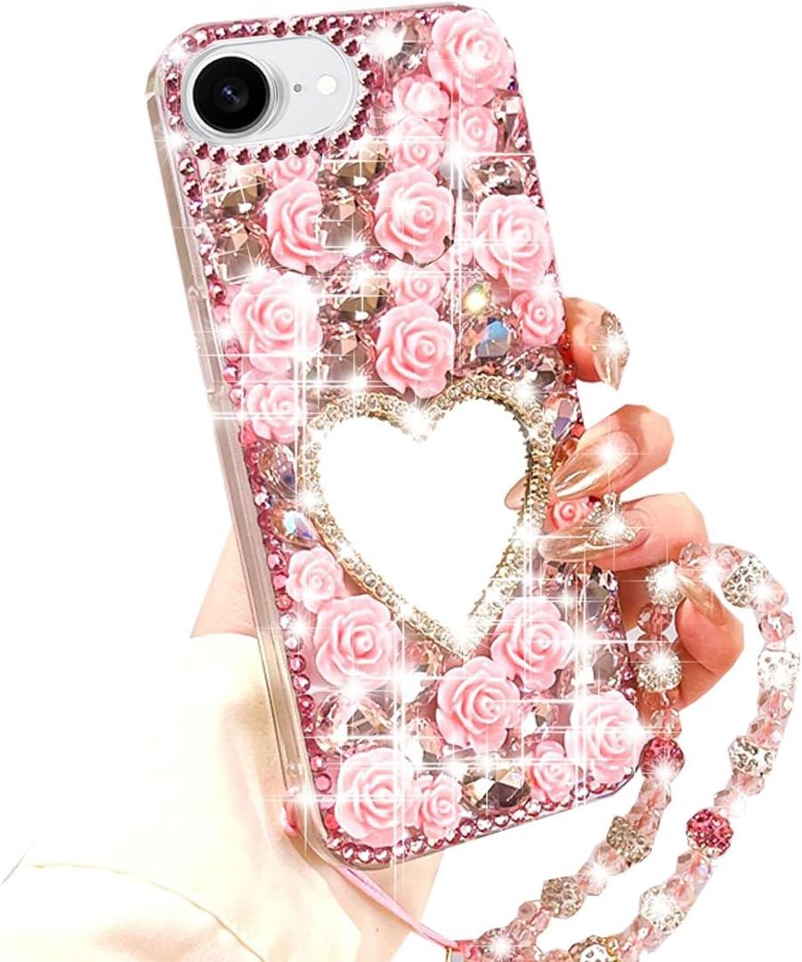 Changjia for iPhone 17e/ iPhone 16e Glitter Bling Case, Cute 3D Sparkle Heart Makeup Mirror Crystal Rhinestones Flowers Diamond Gems with Lanyard Wrist Strap Women Girls Case for iPhone 17e/ 16e, Pink