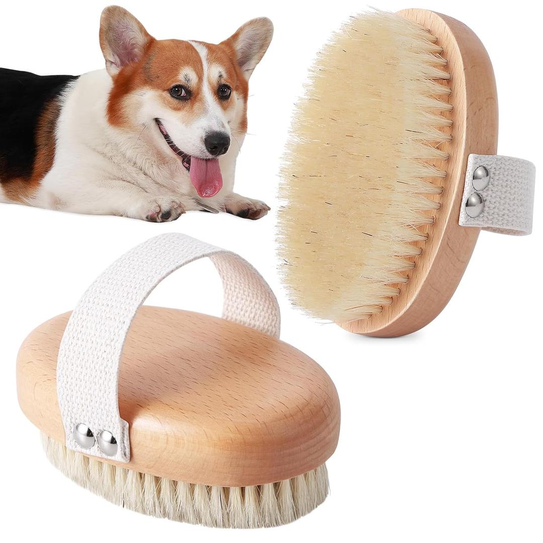 Soft Boar Bristle Pet Palm Brush for Short Haired Dogs and Cats with Band, Reduce Shedding, Ergonomic Dog Brush, Easy to Hold and Reduces Stress On Your Wrist | Ideal for Daily Grooming (Wood)