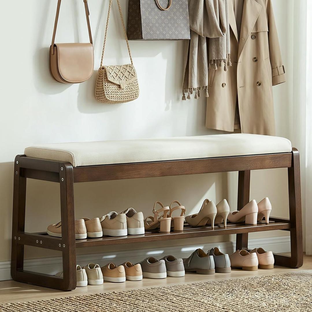Shoe Rack Bench with Cushion, 2-Tier Entryway Bench with Storage for Front Entrance, Hallway Living Room Bedroom (Walnut, 39.4")