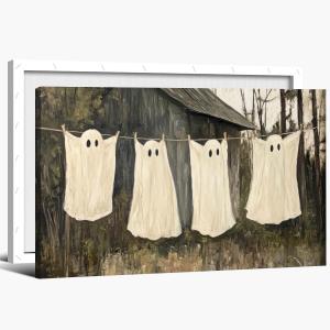 Vintage Halloween Wall Art Ghost Laundry Poster Canvas print Muted Farmhouse dark academia Room Decor Face Spooky Gothic for Halloween Party House Decor 8x12inch Framed (style-4)