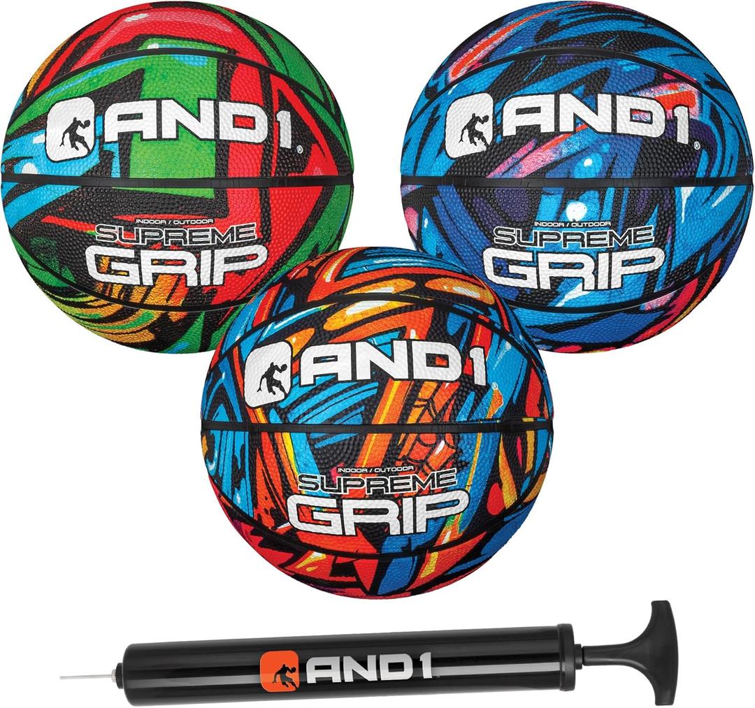 AND1 Mini Basketball 3 Pack Set for Kids (Deflated w/Pump Included): - Size 3 7-Inch Premium Youth Size Basketballs, Easy to Grip