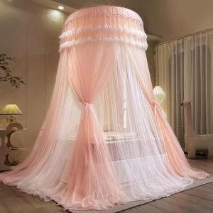 Kertnic Dreamy Bed Canopy for Girls, Princess Canopy Curtains Double Layer Sheer Mesh, Kids & Adults Canopies Netting Room Decor Tent Mosquito Net for Queen King Bed (Double Layer-Beige Pink)