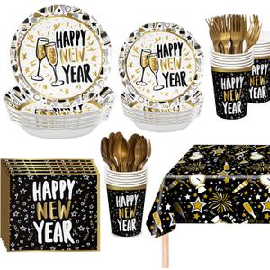 KatchOn, New Years Eve Tableware Set - Serves 25 Guests | Happy New Year Plates and Napkins for New Years Eve Party Supplies 2026 | Nye Tablecloth for Happy New Year Decorations 2026