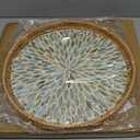 Round Rattan Tray with Mother of Pearl Inlay & Wooden Base - Decorative Wicker Serving Tray for Coffee/Bread/Fruits, Food Storage & Display - Multipurpose Home Decor (L,Colorful Leaves)