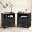 20-Inch Wide Modern Nightstands Set of 2 with Charging Station & Outlets, Bedside Tables with 2 Drawers and Open Shelf, Sleek Design End Tables for Bedroom and Office, Black