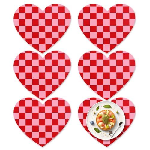 FYSUIMU 6 Pcs Valentine's Day Leather Placemats Washable Place Mat Red Pink Plaid Checkered Love Heart Decorative Waterproof Table Mats for Wedding Anniversary Party Table Setting, 10.2 x 11.8 Inch