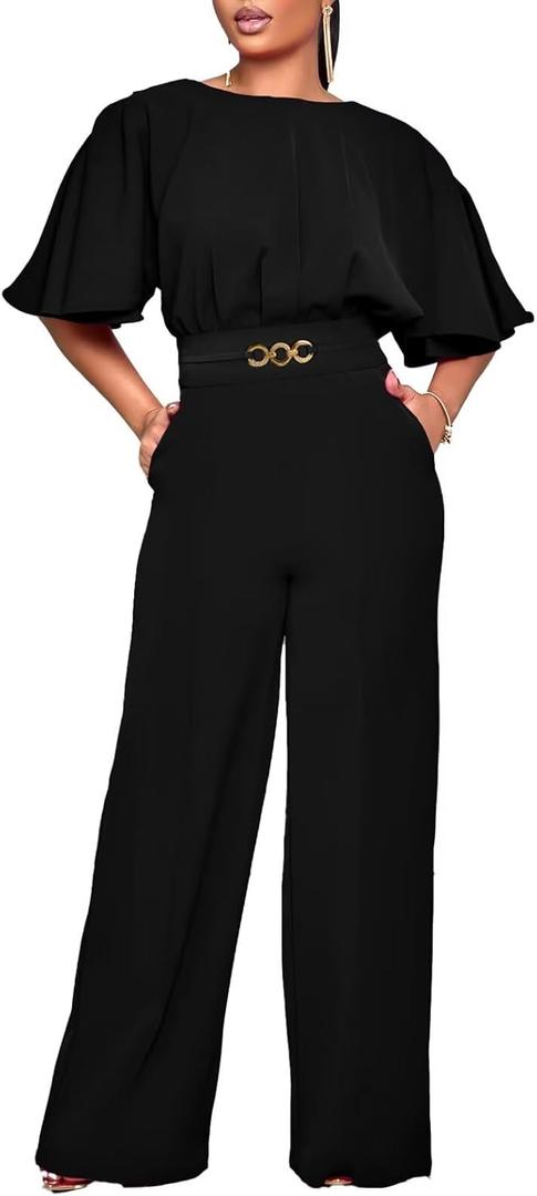 Acelyn Elegant Jumpsuit for Women Dressy Sexy Plus Size Wide Leg Pant Suit One Piece Party Outfits (Large, black)