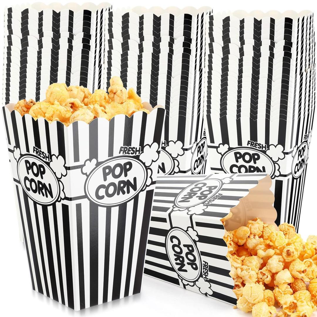 Xinnun 100 Pcs Popcorn Boxes 32oz Classic Stripe Paper Buckets Disposable Oil Proof Popcorn Container Retro Open Top Box for Movie Night Supplies Theaters Carnival Birthday Party(Black and White)