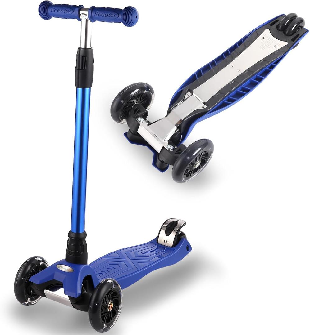 3 Wheel Scooter for Kids Ages 6-12,Kids Scooter with Light Up Wheels, Sturdy Deck Design, and 4 Height Adjustable Suitable for Kid Ages 3-12 (All Blue)