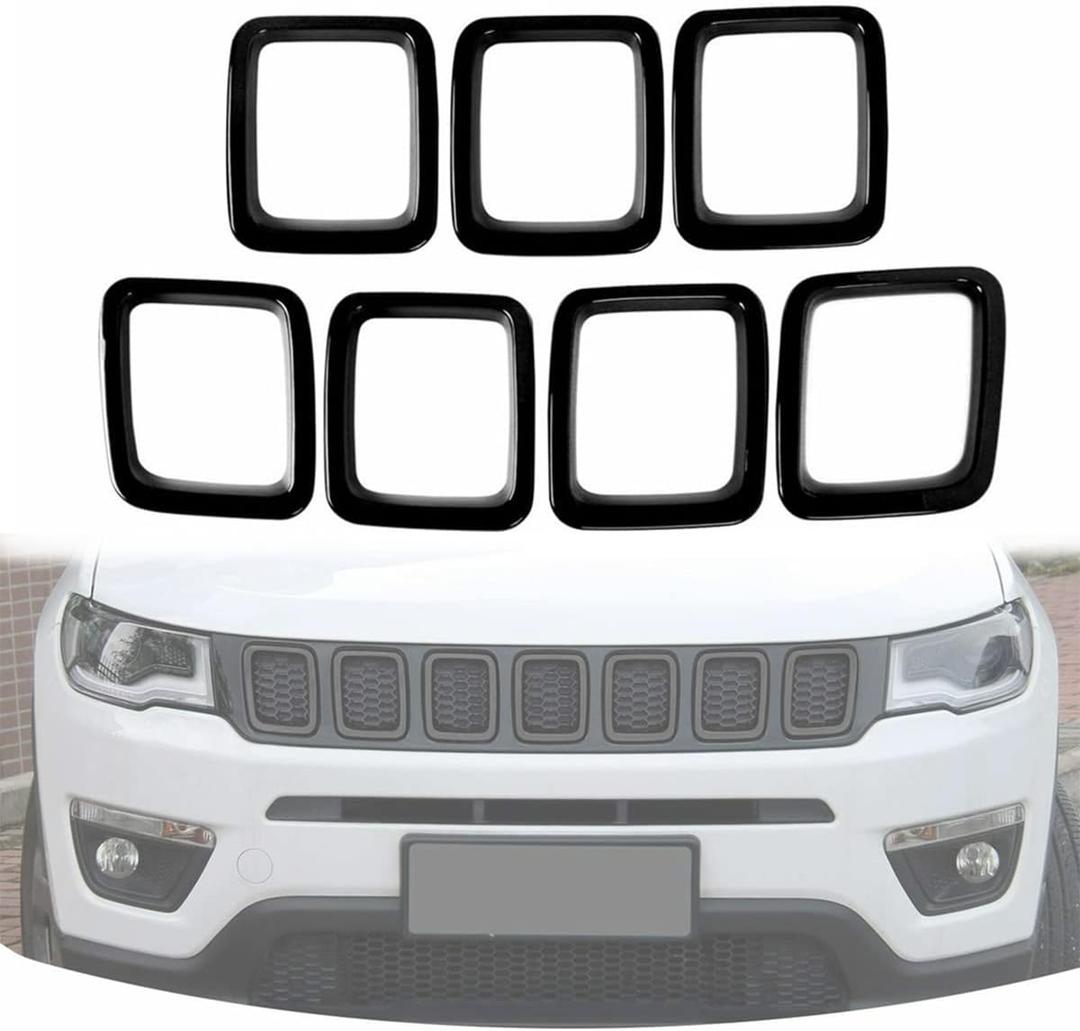 Grille Inserts Grill Cover Compatible with Jeep Compass 2017-2021 Front Grill Cover Rings Frame Trims Kit 7PC (Glossy Black)