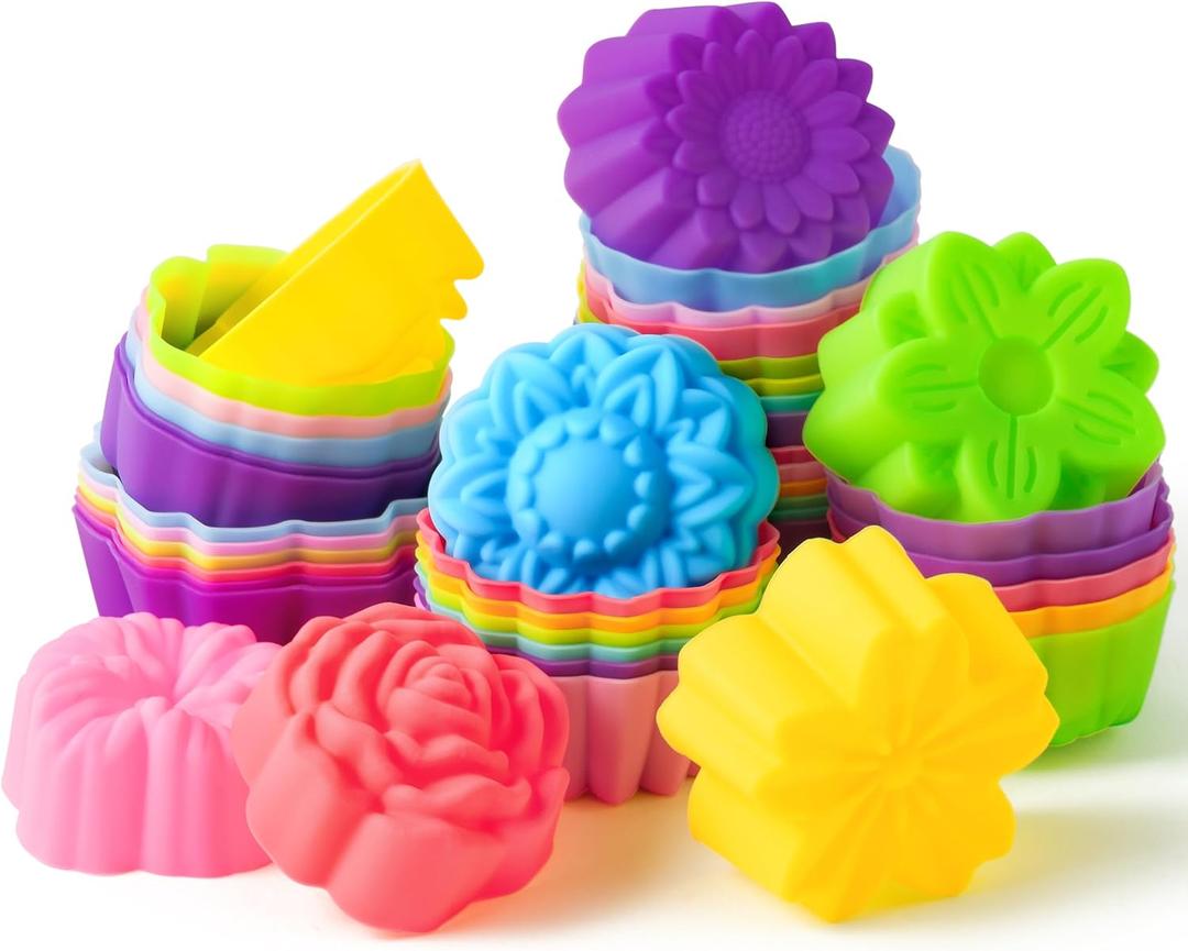Silicone Cupcake Liner for Baking, 42 Pack Silicone Cupcake Mold Multi Flower Shaped Baking Cup NonStick Muffin Mould Color Washable Cake Cup Liner Mold for Soap Dessert Pudding Donut Party Supply