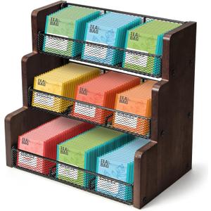TJ.MOREE Tea Bag Organizer 3 Tier Tea Storage, Solid Wood Tea Storage Chests for Kitchen, Office, Countertop, Cabinet Pantry, Tea Bag, Coffee, Sugar Packets, Creamers Holder (Black)