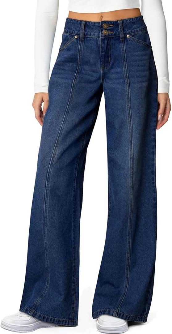 Sidefeel Women's Wide Leg Jeans High Waisted Stretchy Straight Leg Jeans Trendy Seamed Front Loose Denim Pants (12, Bluing)