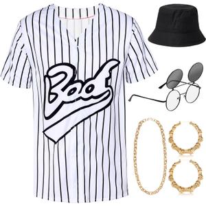 Jiuguva 80s 90s Outfit for Women Hip Hop Costume Baseball Jersey Shirt Bucket Hat Glasses Rapper Halloween Accessories (Large)