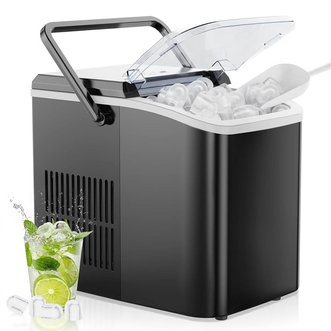 OLIXIS Nugget Ice Maker Machine with Handle,26lbs in 24Hrs,9 Ice Cubes in 6 Mins,Auto-Cleaning Portable Ice Maker with Basket and Scoop, Countertop Ice Maker for Home/Kitchen/Camping/RV, Black