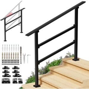 4-Step Handrails for Outdoor Steps & Indoor Stairs, Heavy Duty Iron Stairs Railing Kit, Hand Rails for Seniors, Porch, Deck, Steps, Hallways (Black)