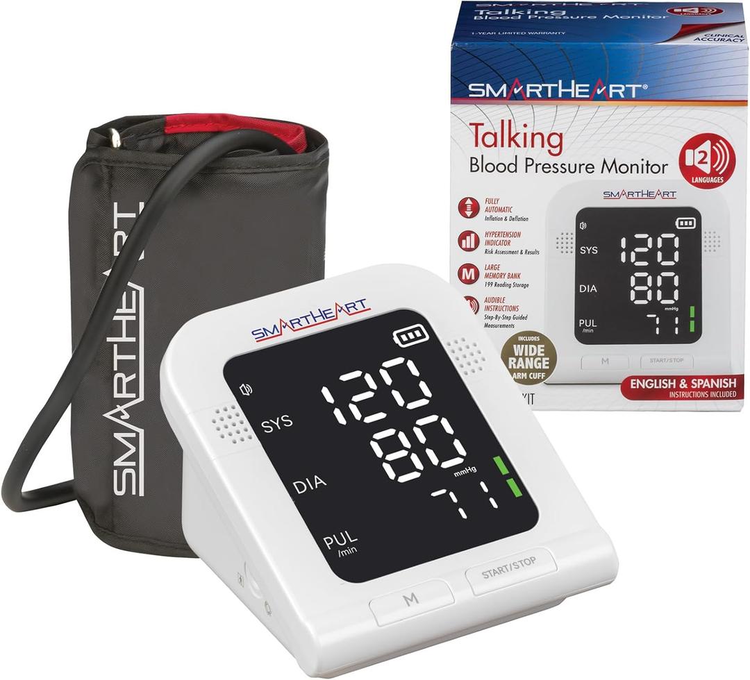SmartHeart Blood Pressure Monitor | Wide-Range Upper Arm Cuff | Talking English Spanish Audible Instructions and Results | 199-Reading Memory