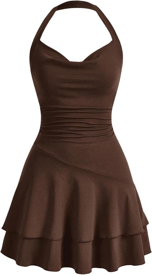 SOLY HUX Cute Halter Mini Dresses for Women Summer Sexy Club Party Backless Short Sundress (Medium, Chocolate Brown)