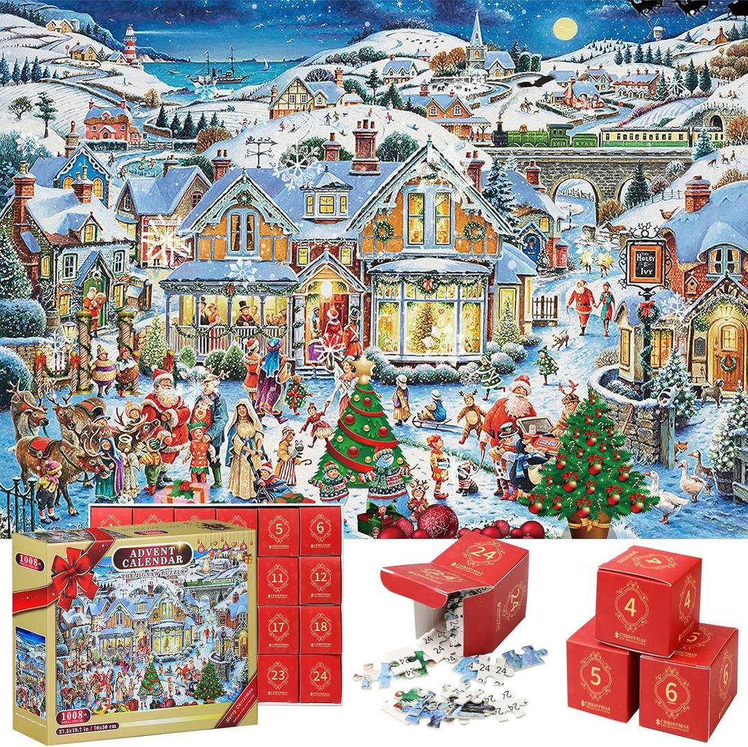 Puzzle Advent Calendar 2025-24 Box Christmas Countdown Surprise Jigsaw Puzzle, 1008 Pieces Family Game for Kids Adult, Decor 27.5 x 19.7 inches (Christmas Eve Street)