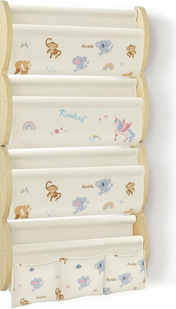 Wooden Wall Mounted Bookshelf for Kids Rooms, 4 Tier Floating Nursery Book Shelf, Kids Bookshelf with 2 Pockets, Toddler Sling Book Rack with Deep Sleeves (Animals