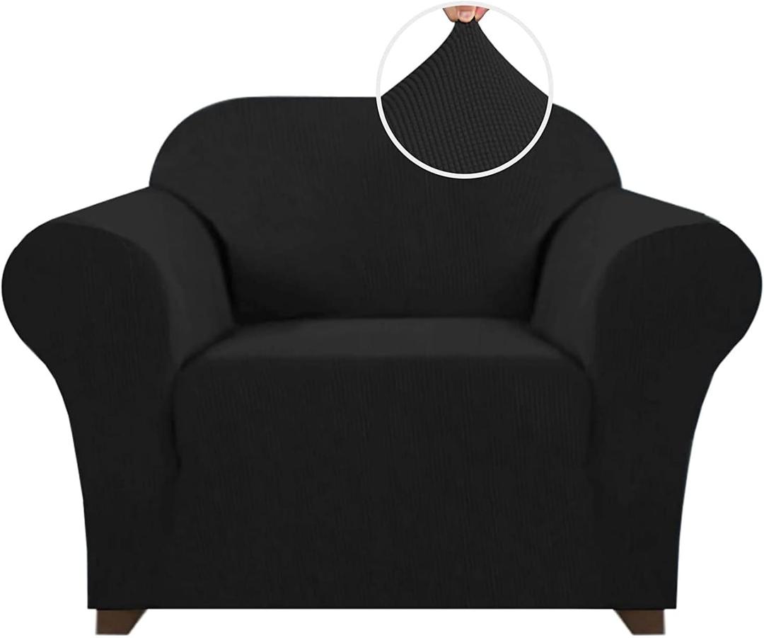 PrinceDeco Stretch Chair Cover Chair Slipcovers with Arms 1-Piece Chair Sofa Slipcovers or Living Room Non Slip Armchair Cover Furniture Protector Dogs Pet Friendly(Armchair, Black)