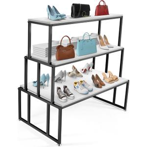 3-Tier Display Table & Heavy Duty Display Riser Stand for Shoes, Handbags, Clothing, Iron and Wood Black Store Display for Retail Boutique, Home Organization Supplies