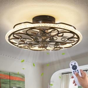 Black Flower Caged Ceiling Fan with Light, Rustic Industrial Ceiling Fan with Lights and Remote, LED Low Profile Ceiling Fan with Light for Bedroom Kitchen Living Room
