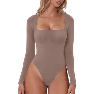 QINSEN Women's Sexy Square Neck Bodysuit Long Sleeve Double Lined Shirt Tops (Medium)